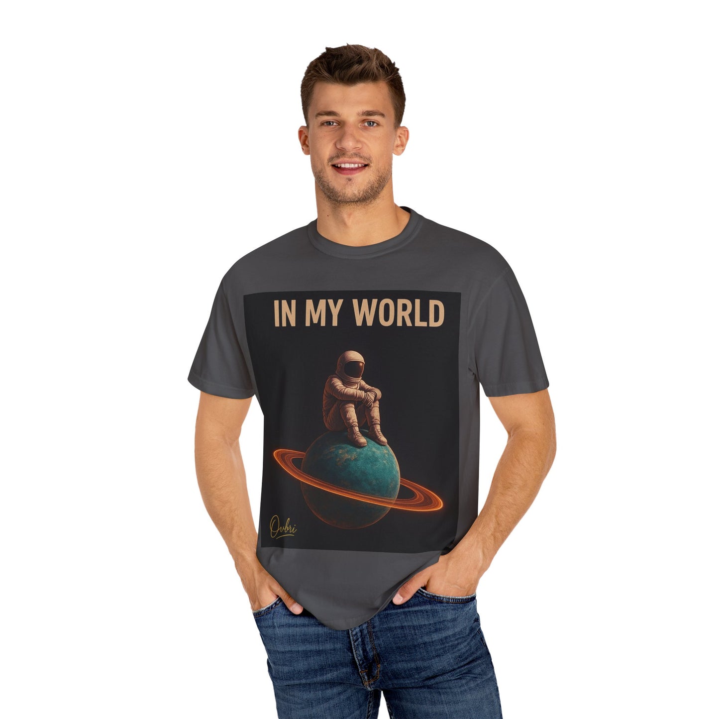 Unisex Garment-Dyed T-shirt, IN MY WORLD Graphic Tee, Comfortable Casual Wear, Space-Themed Apparel, Gift for Space Lovers